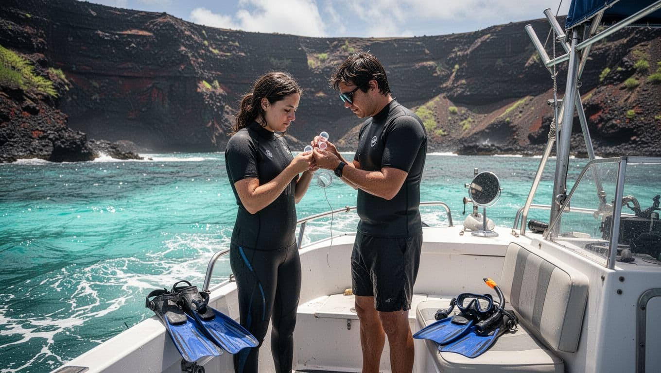 A single person carefully inserts a contact lens using a mirror on the deck of a small snorkel boat off the Kona coast, Big Island, Hawaii, with snorkel mask and fins nearby, turquoise ocean waves, and volcanic cliffs in a cinematic midday scene.