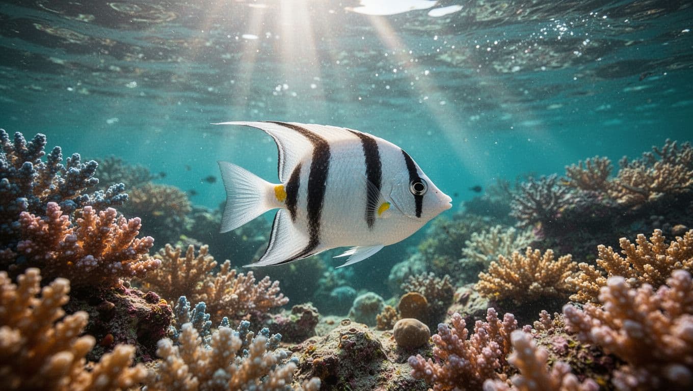 A white convict tang with dark vertical stripes and a small yellow patch swims past colorful coral formations. The clear blue water is illuminated by sunlight, highlighting the intricate reef texture.