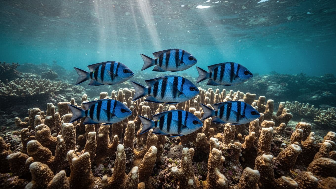 School of blue convict tangs with black bars swims over lobe and finger corals in clear Kealakekua Bay waters.