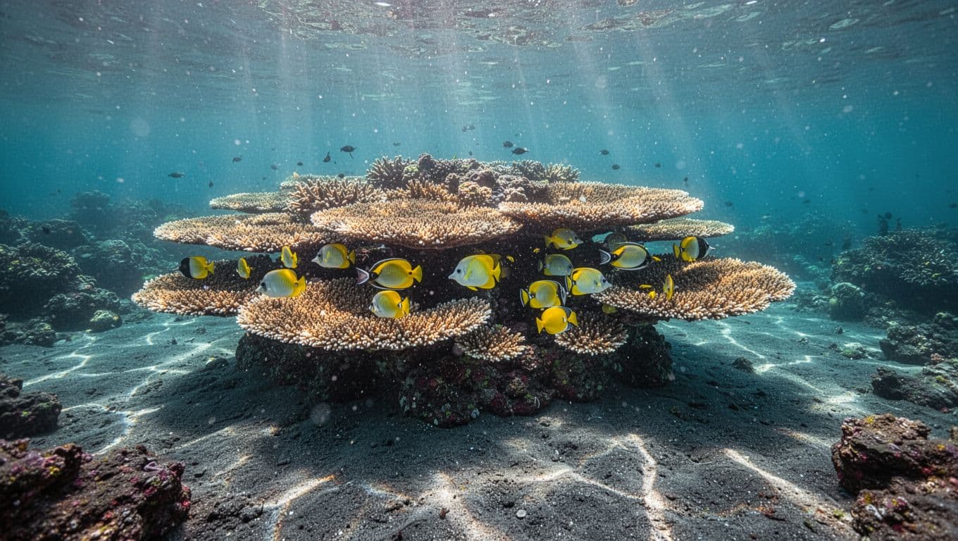 Yellow tangs and butterflyfish shelter around a coral head in clear sunlit water.