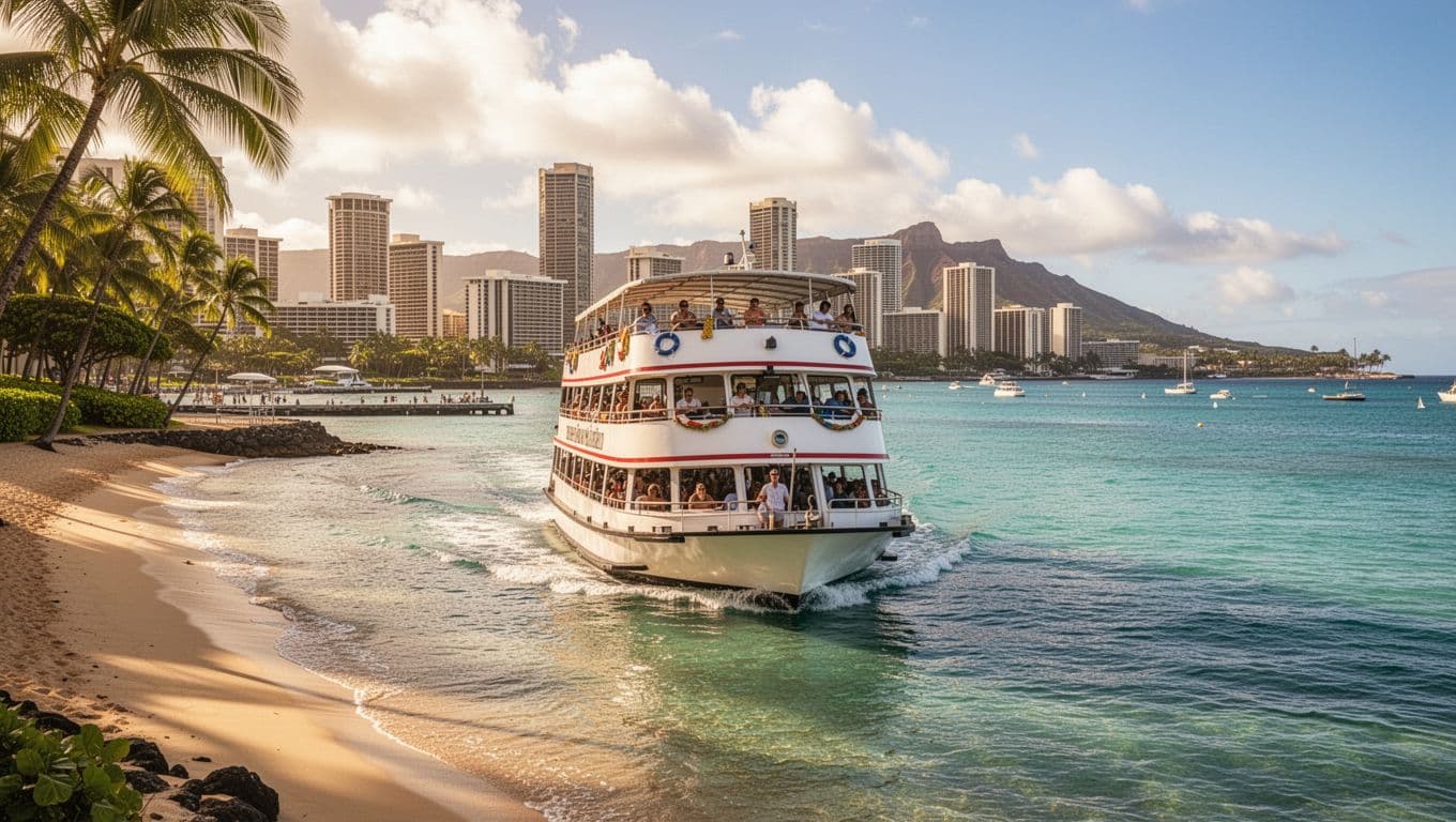 Double-decker tour boat Coral Kai departing Kewalo Basin Boat Harbor with Waikiki Beach and Honolulu skyline in the background, calm turquoise ocean waters, passengers on open deck.