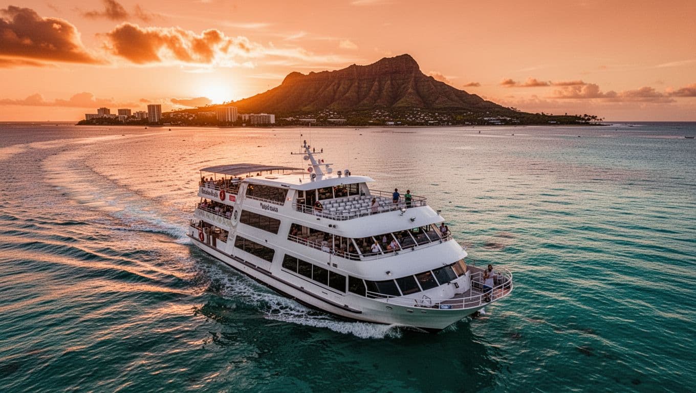 Aerial view of the white double-decker tour boat Coral Kai sailing smoothly off Waikiki Beach at sunset, with calm turquoise ocean waves and Diamond Head volcano under an orange sky. The expansive upper deck is empty, captured in cinematic style with strong contrast, depth of field, and dramatic warm lighting.