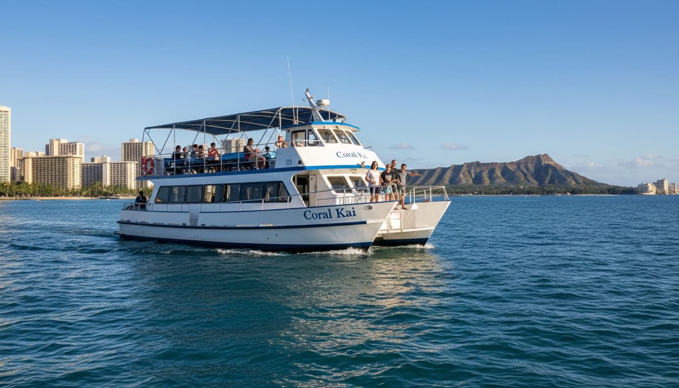 Double-decker tour boat named Coral Kai departs sunny Kewalo Basin harbor in Honolulu toward the open ocean, featuring Waikiki Beach skyline on the left and Diamond Head crater on the right horizon. Passengers relax on the open upper deck amid gentle blue waves and clear skies.