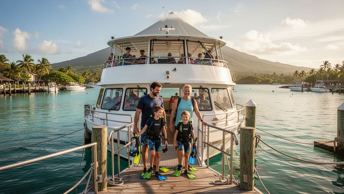 Double-decker tour boat Coral Kai docked at Kewalo Basin Boat Harbor near Waikiki, Oahu, with happy families boarding with snorkel gear on a sunny day, Diamond Head in the distance.