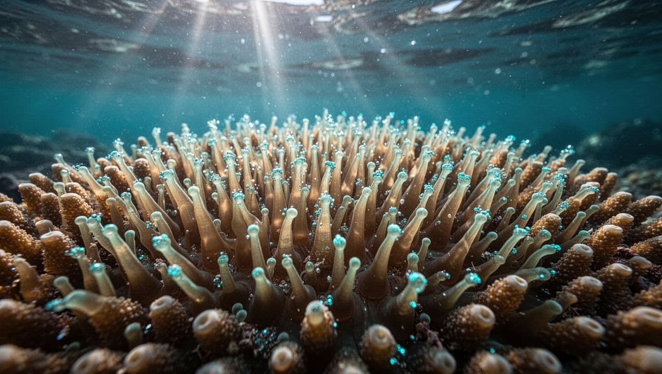 Coral polyps extend tentacles in clear blue water.