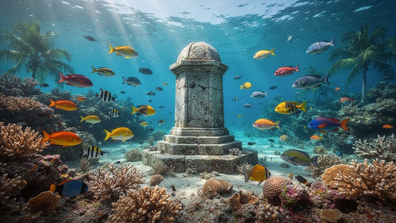 Vibrant schools of tropical fish swim gracefully among intricate coral formations in the clear, deep blue waters near the historical Captain Cook Monument, showcasing the thriving marine biodiversity of the bay.
