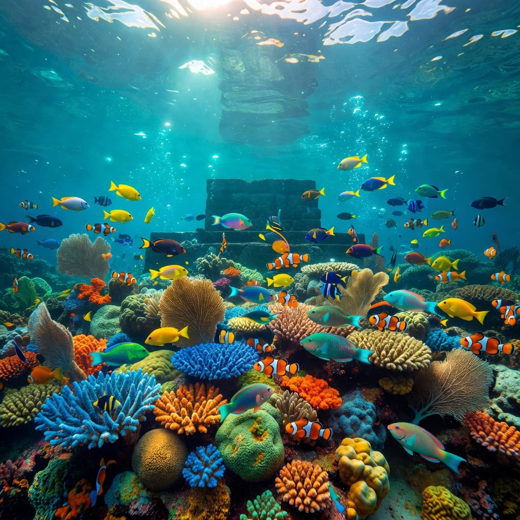 Bright orange and purple coral structures thrive on the ocean floor as schools of vibrant yellow tropical fish navigate the clear turquoise water near the historic Captain Cook monument reef site.