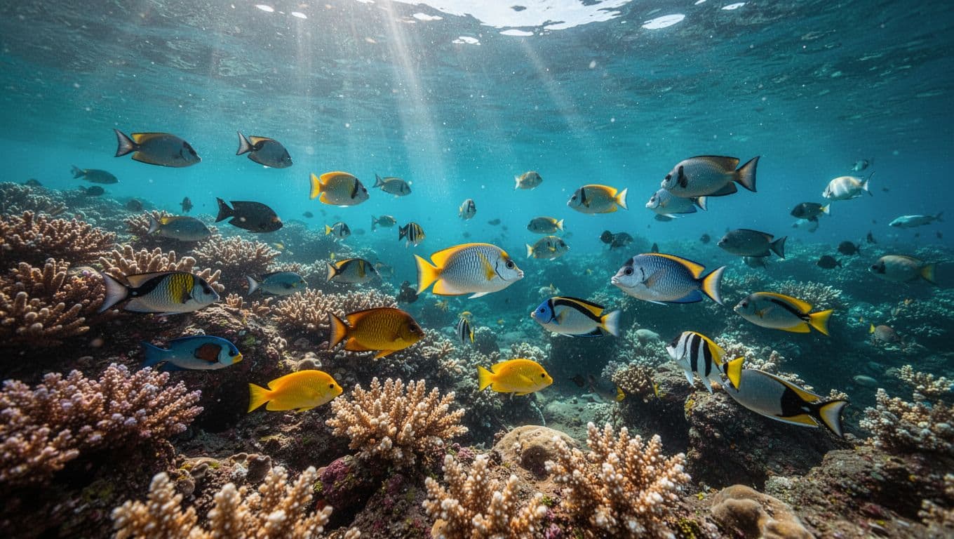 Bright tropical fish swim among intricate coral formations in crystal clear water. Sunbeams pierce through the turquoise surface, casting shimmering light patterns across the vibrant underwater ecosystem during a sunny afternoon.