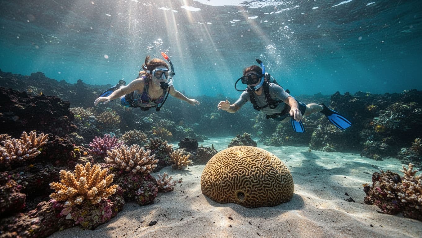 A snorkeler observes coral and a rounded sponge over a shallow Hawaiian reef.