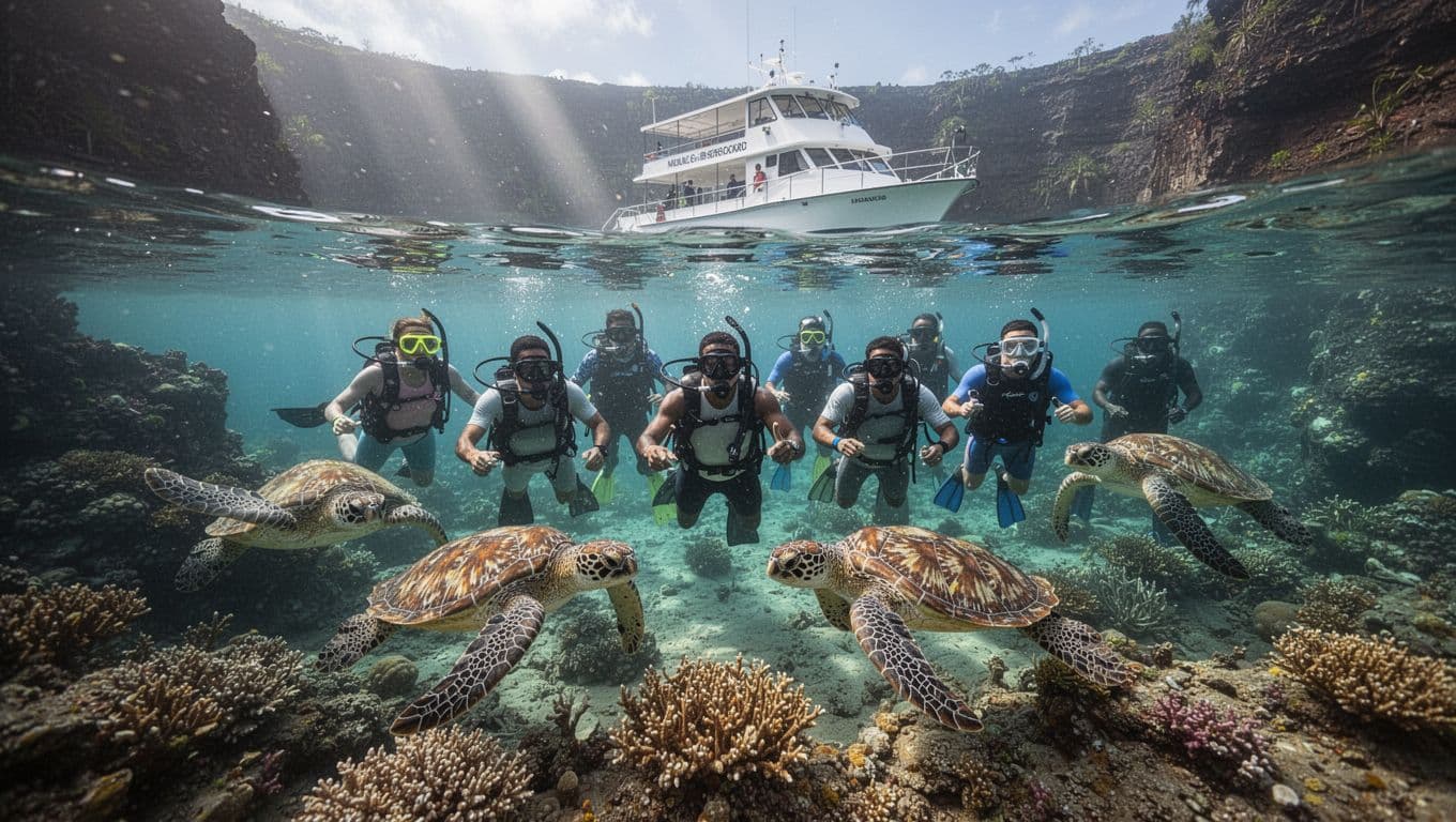 A corporate group of 10 diverse professionals snorkels relaxedly in shallow turquoise waters at Turtle Canyon reef near Waikiki, Hawaii, with three Hawaiian green sea turtles swimming nearby, colorful coral below, and a double-decker boat anchored in the distance, captured in a cinematic half-underwater, half-surface composition with dramatic sunlight.