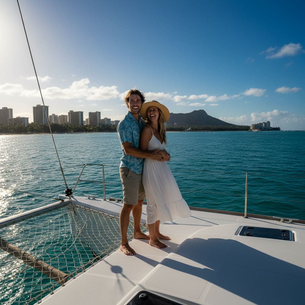 A couple stands on a boat deck looking out at the bright turquoise Pacific Ocean near Waikiki.