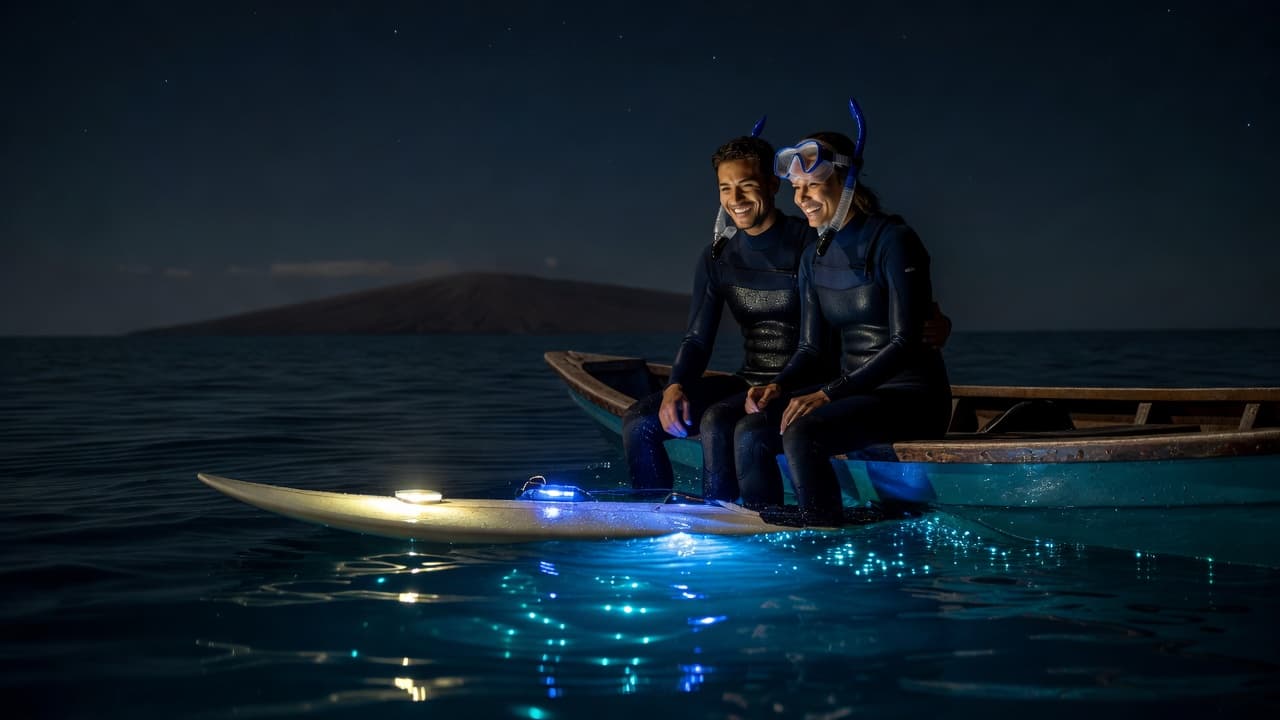 A couple smiles while sitting on a boat at night, illuminated by soft blue LEDs from a surfboard. The dark ocean surrounds them as they prepare for a guided manta ray encounter.