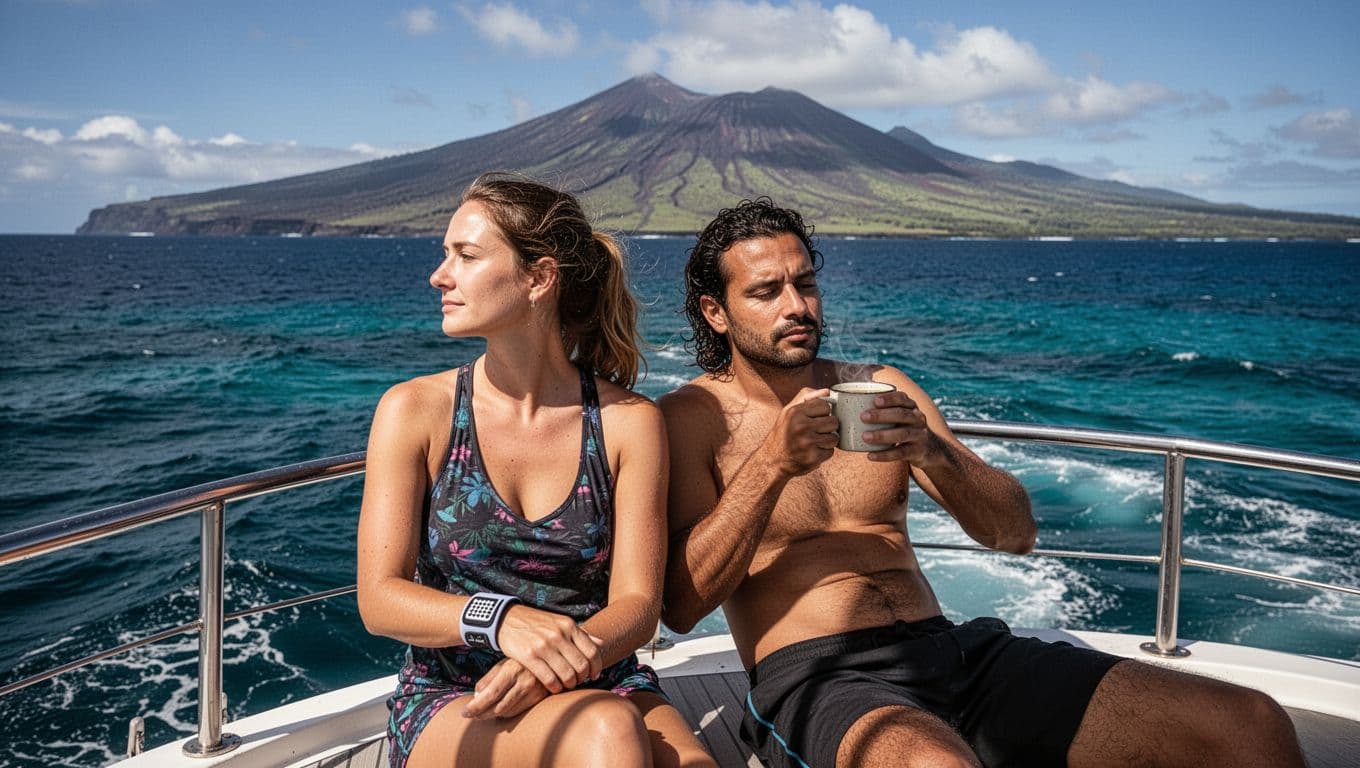 An adventurous couple relaxes on the deck of a snorkel boat in the calm Hawaiian ocean; the woman wears an acupressure wristband while looking at the horizon, and the man sips ginger tea from a mug, with a distant volcanic coastline in the background.