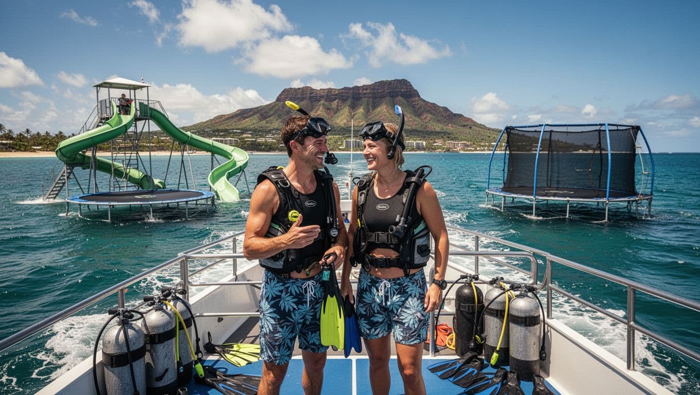 A happy couple prepares for snorkeling on a double-decker boat off the Waikiki coast, with water slide, trampoline, and Diamond Head view in the sunny Hawaiian background, cinematic style.