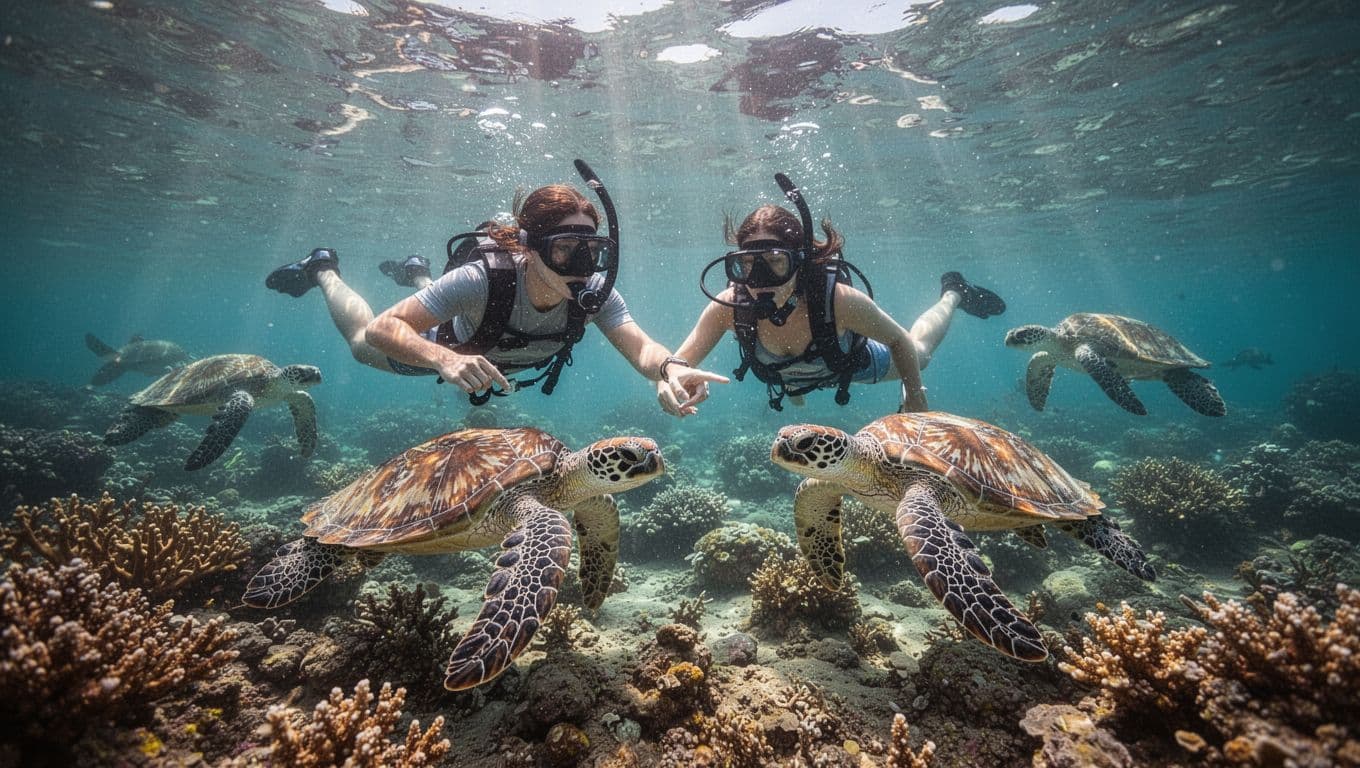 A couple enjoys snorkeling with Hawaiian green sea turtles in clear turquoise waters off Waikiki, coral reef below, sunlight rays piercing the surface, cinematic style.