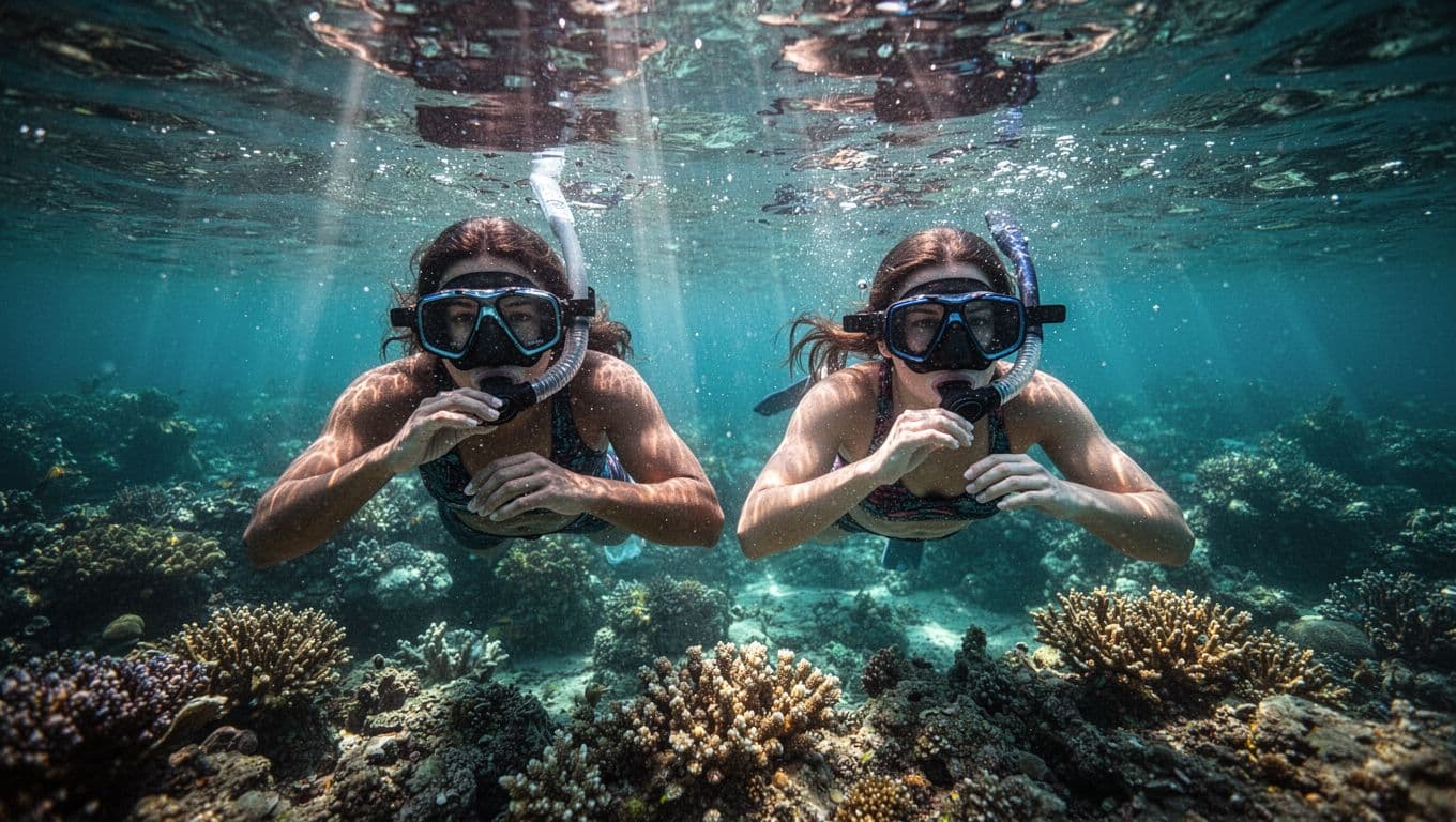 A pair of swimmers glides over a vibrant coral reef as shafts of sunlight penetrate the deep turquoise ocean. Tropical fish dart between colorful sea anemones in this clear underwater scene.
