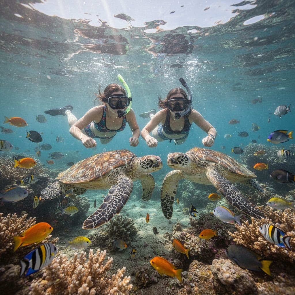 Two people snorkel in clear Hawaiian water alongside a green sea turtle near a vibrant coral reef.