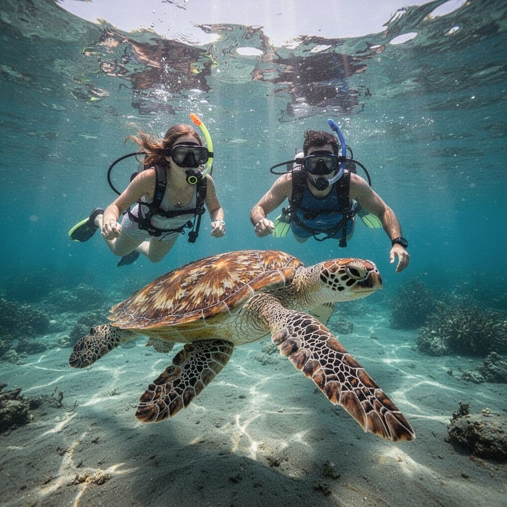 A couple snorkels through clear turquoise Hawaiian water alongside a green sea turtle.