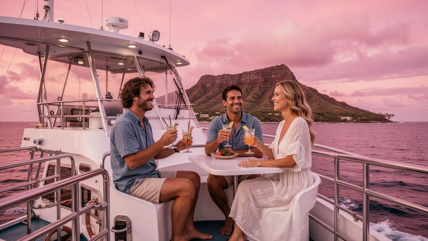 A couple relaxes holding drinks on the upper deck of a double-decker boat at sunset under pink skies, with Diamond Head crater and ocean horizon in the background.