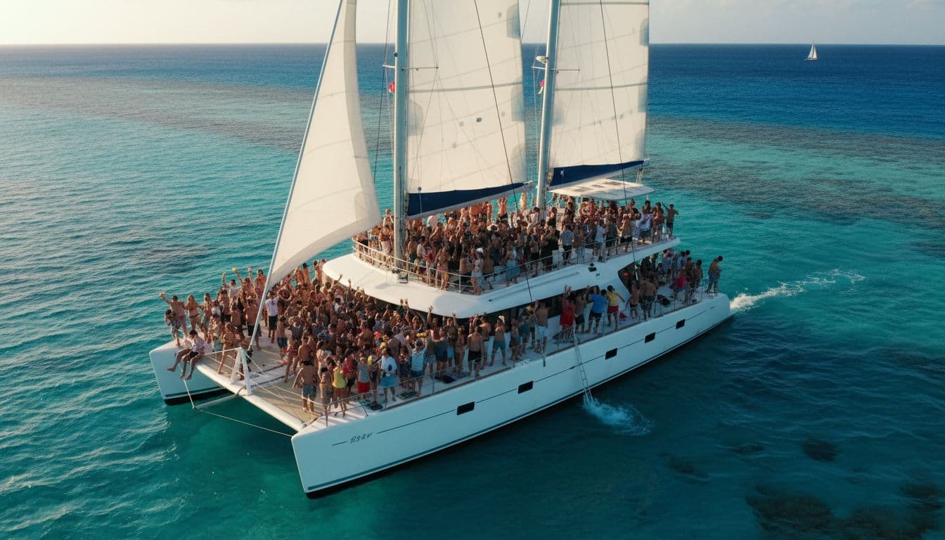 Large catamaran packed with 100+ tourists partying on multiple levels in ocean off Oahu, sails up, distant reef, small boat far away.