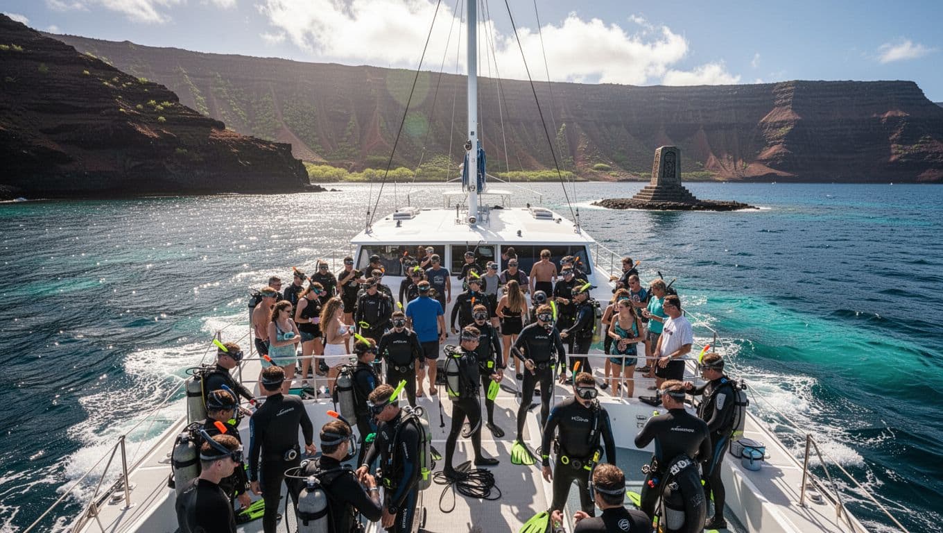 A large catamaran boat packed with 40 diverse tourists in snorkel gear anchored off Kealakekua Bay on Hawaii's Big Island, with distant volcanic cliffs and monument under bright midday sun and dramatic lighting.