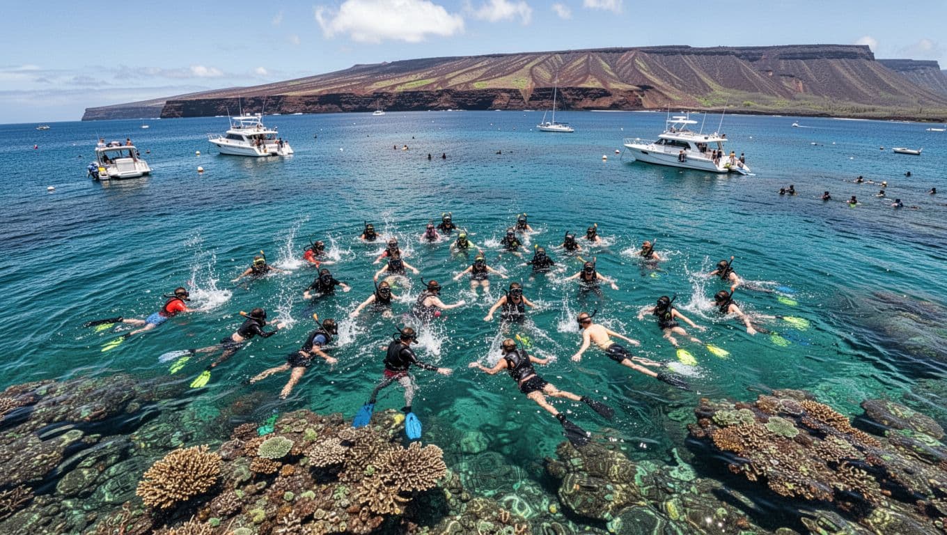 Vibrant midday scene in Kealakekua Bay, Hawaii, packed with snorkel boats and exactly 20 snorkelers splashing in turquoise waters near coral reefs under dramatic sunlight.