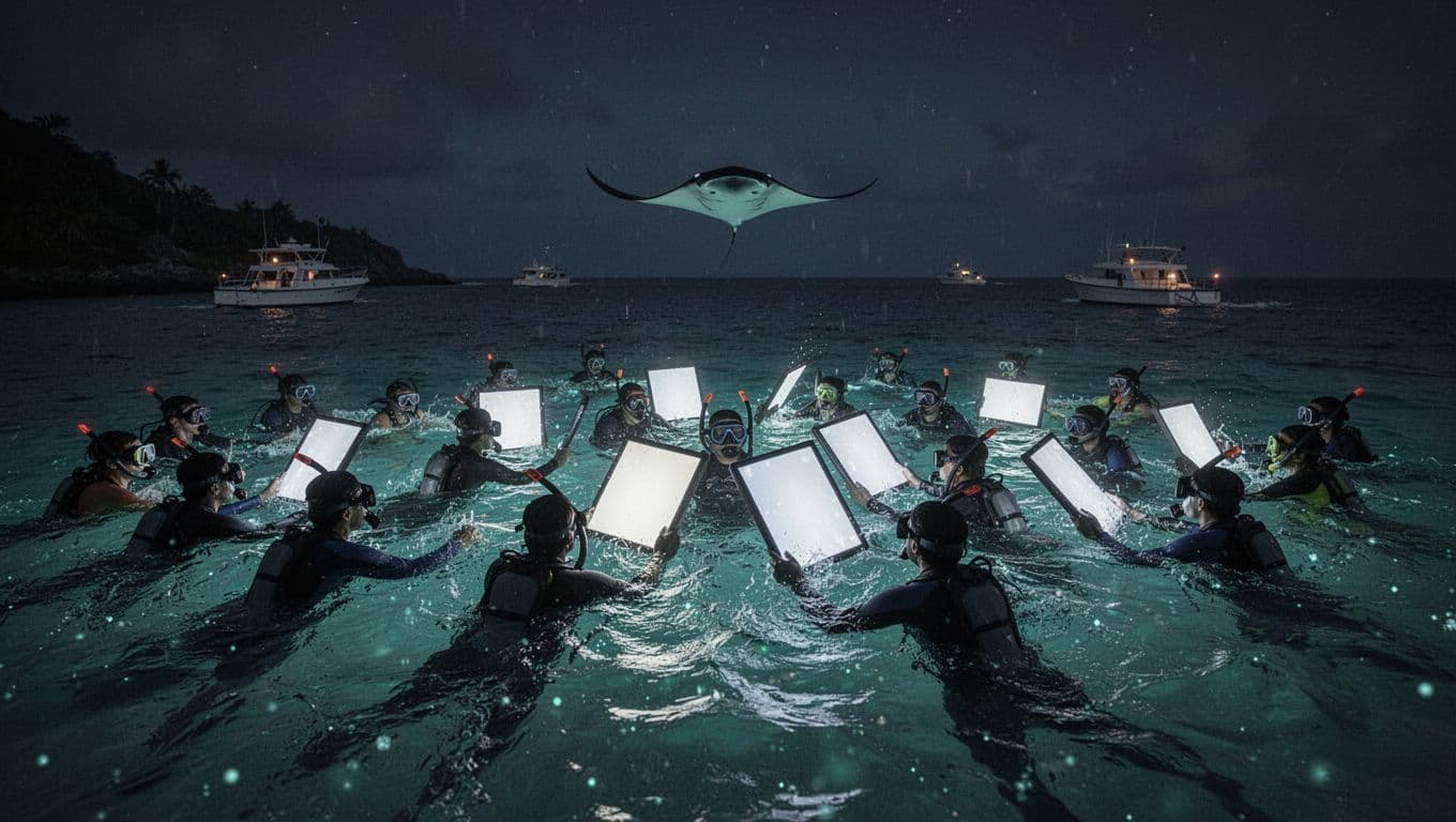 Chaotic night scene of exactly 20 snorkelers crowding the ocean off Big Island, holding lit boards, bumping into each other amid glowing waters, boats nearby, distant manta ray, faint volcanic shore, cinematic dramatic lighting.
