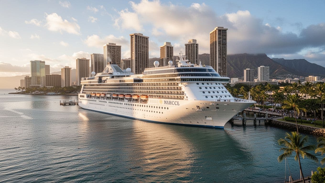 A large cruise ship docked at Honolulu port with Waikiki skyline in background, calm ocean water, palm trees nearby. Morning light with strong contrast and depth, cinematic style, dramatic lighting. No people visible, no text, no logos, no watermarks.