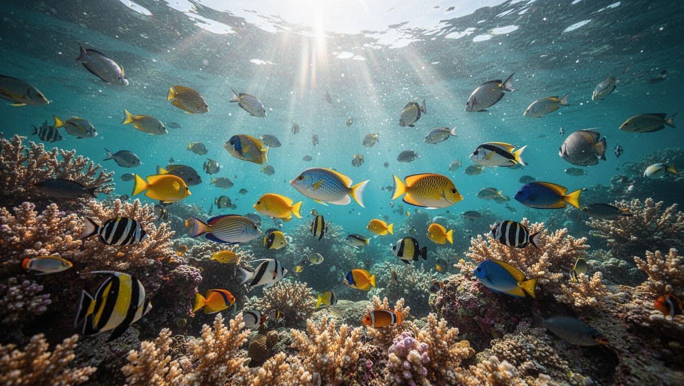 Tropical fish swim above a colorful coral reef in clear blue water.
