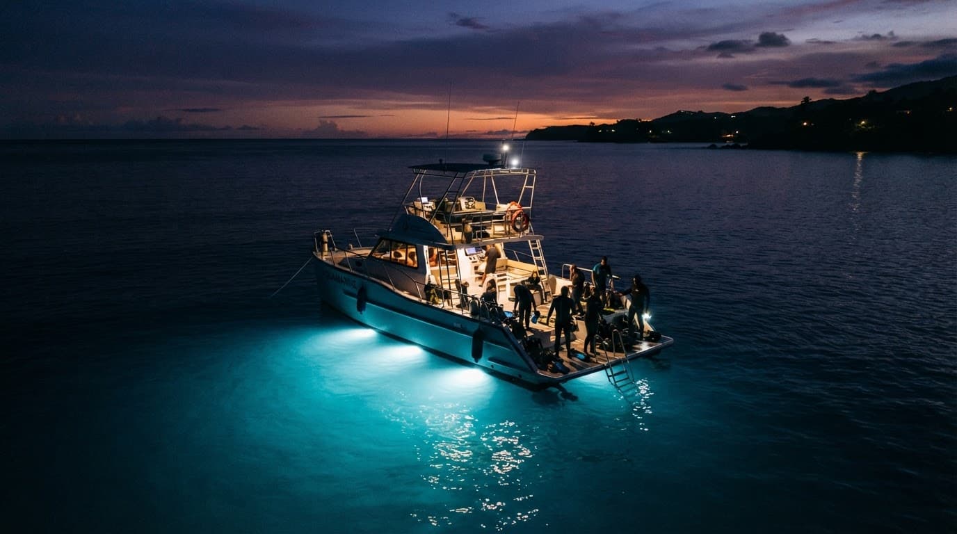 A modern tour boat with cyan lights floating on calm water at dusk.