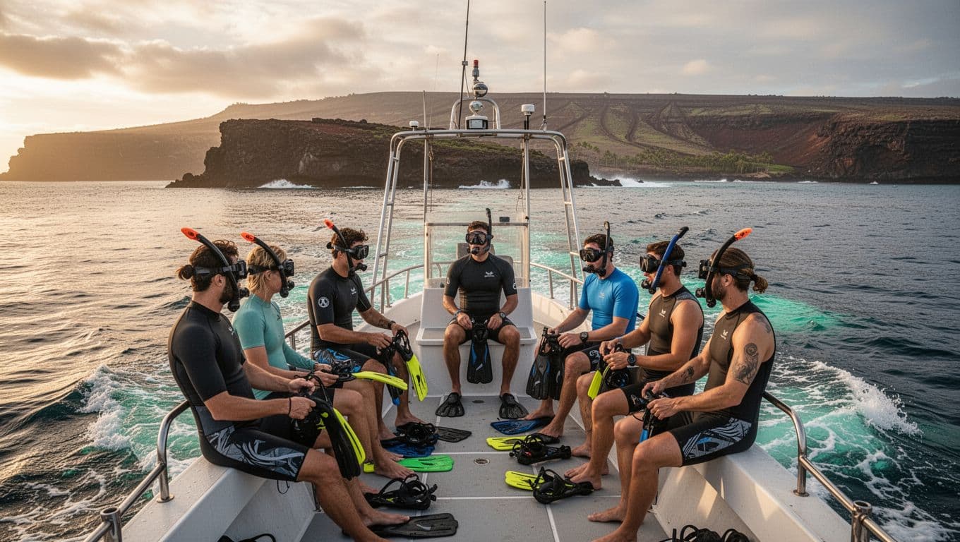 Small boat with five passengers leaves Honokohau Marina toward Kealakekua Bay at dawn, Kona coast in background.