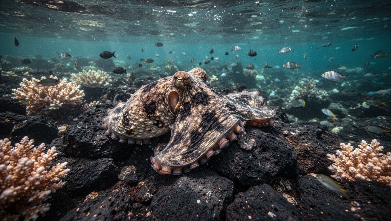 A day octopus blends into dark volcanic rock in shallow tropical water.