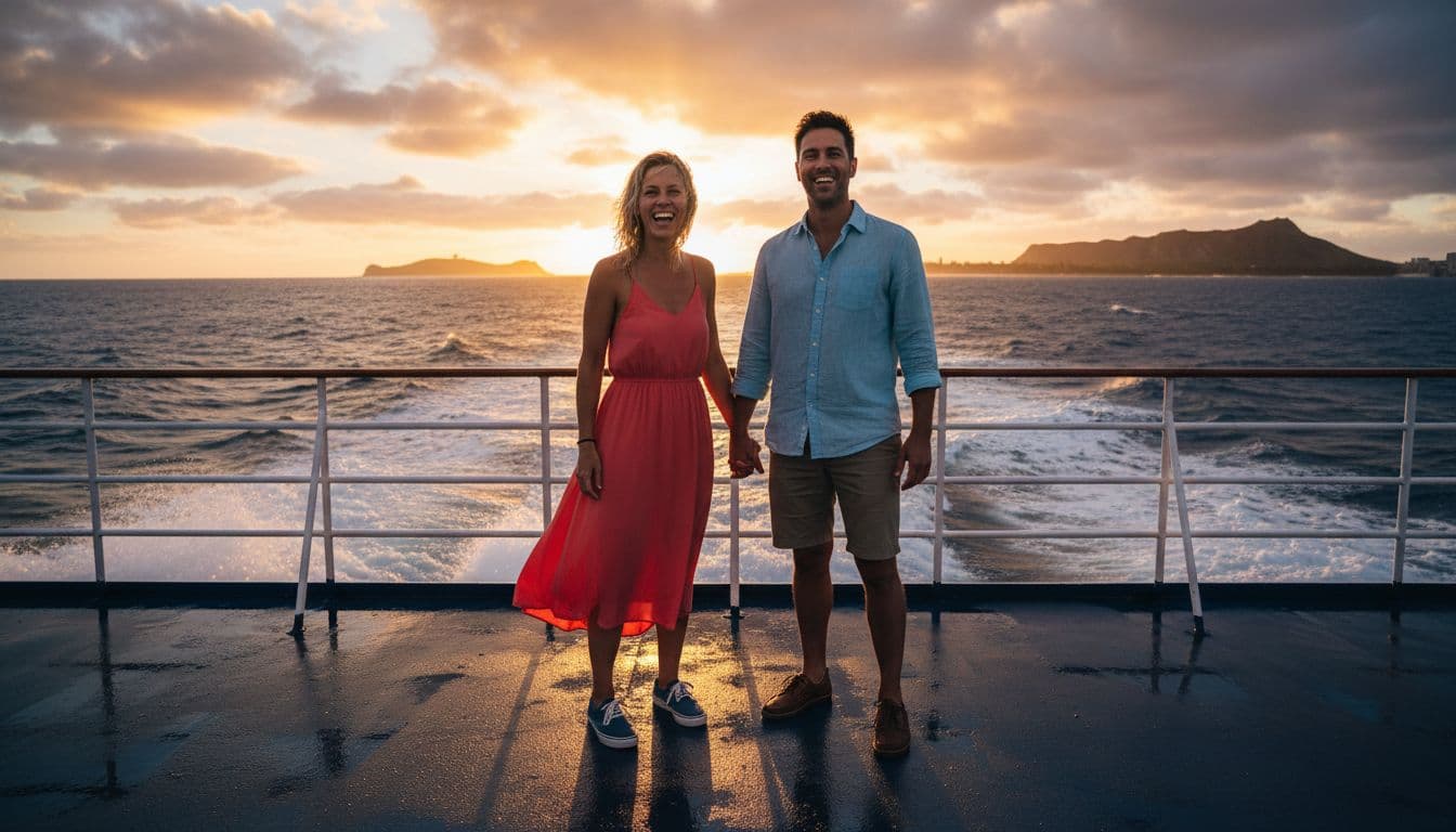Adventurous couple wearing grippy deck shoes standing confidently on the wet upper deck of a double-decker boat cruising near Waikiki at sunset, smiling and holding hands with ocean waves in the background. Cinematic style featuring strong contrast, depth, and dramatic lighting.