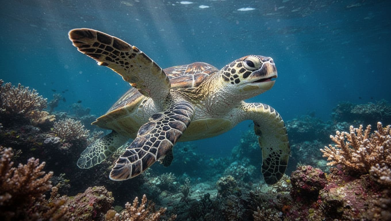 Hawaiian green sea turtle in defensive posture with flippers raised, paddling strongly away in clear blue ocean water near coral reef, alert eyes and cinematic dramatic lighting.