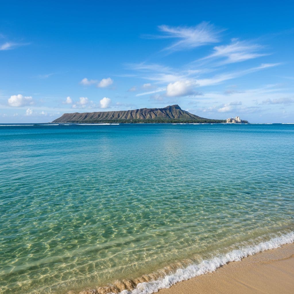 Crystal clear turquoise water ripples near the Hawaiian coastline with Diamond Head crater visible in the distance.
