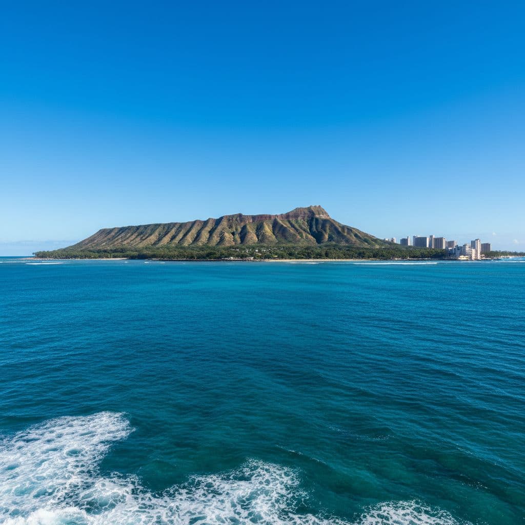 The iconic volcanic crater of Diamond Head rises above the bright turquoise Pacific Ocean waters.
