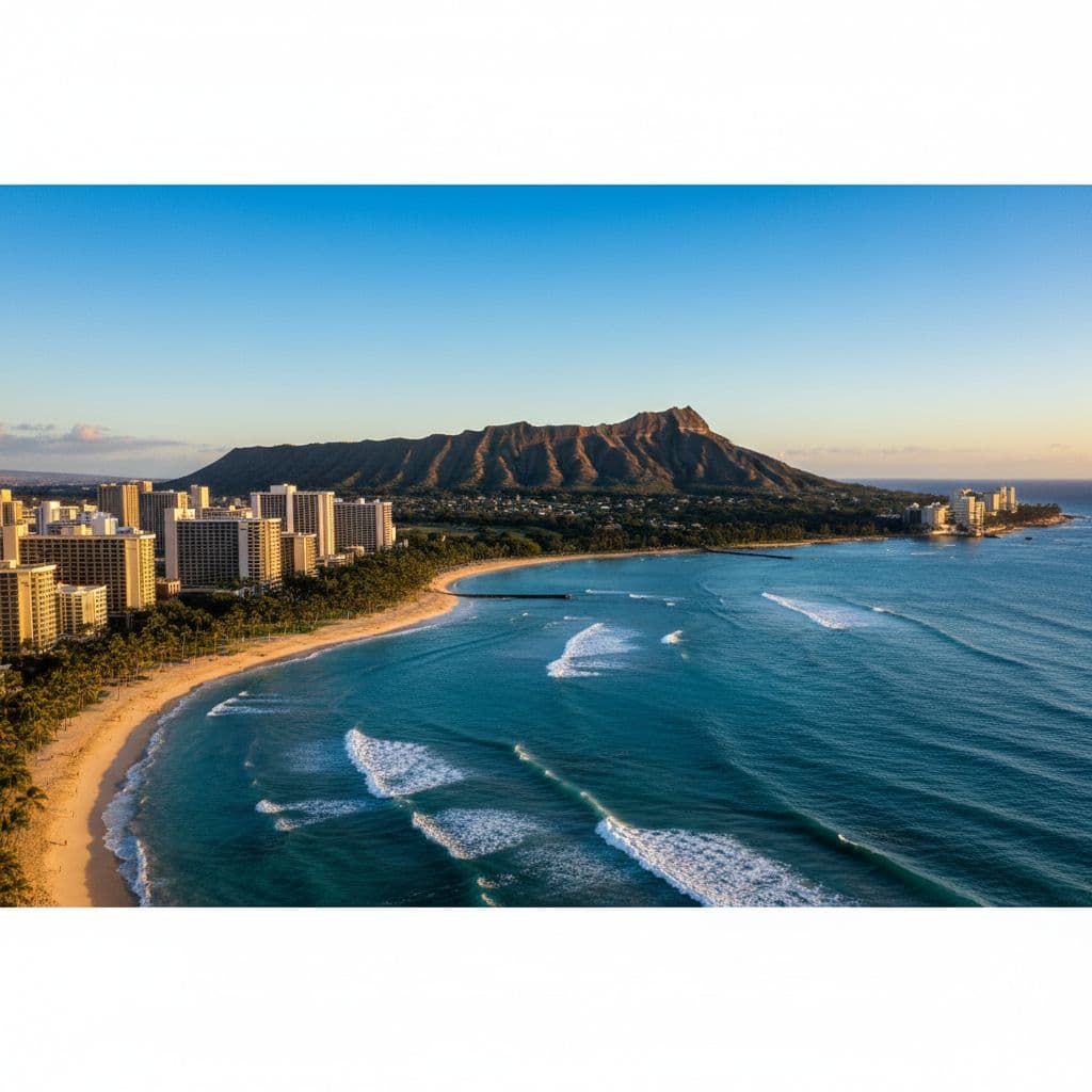 A panoramic view of the volcanic Diamond Head crater rising above the turquoise waters of the Pacific.