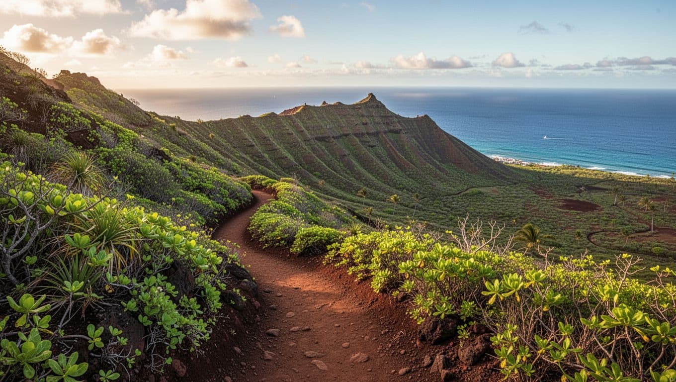 The winding dirt path traverses a rocky mountainside covered in vibrant green vegetation. Below the ridge, the deep blue Pacific Ocean stretches toward the horizon under a bright, sunny sky.