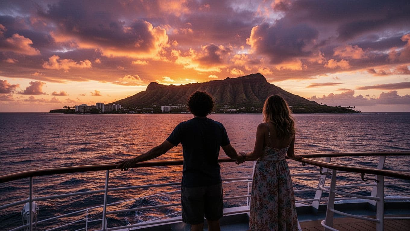 Vibrant orange and purple sunset over Diamond Head crater, viewed from an ocean boat deck off Waikiki, with calm sea reflections and silhouettes of a relaxed couple on the railing.