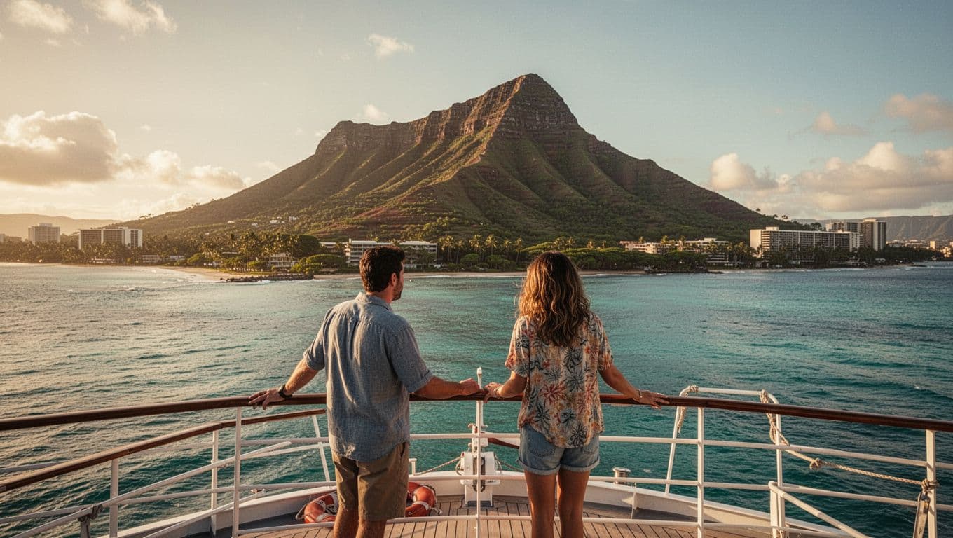 Majestic Diamond Head crater rising sharply from lush green slopes against turquoise ocean waters, viewed from a boat on calm Waikiki sea with relaxed passengers on deck.