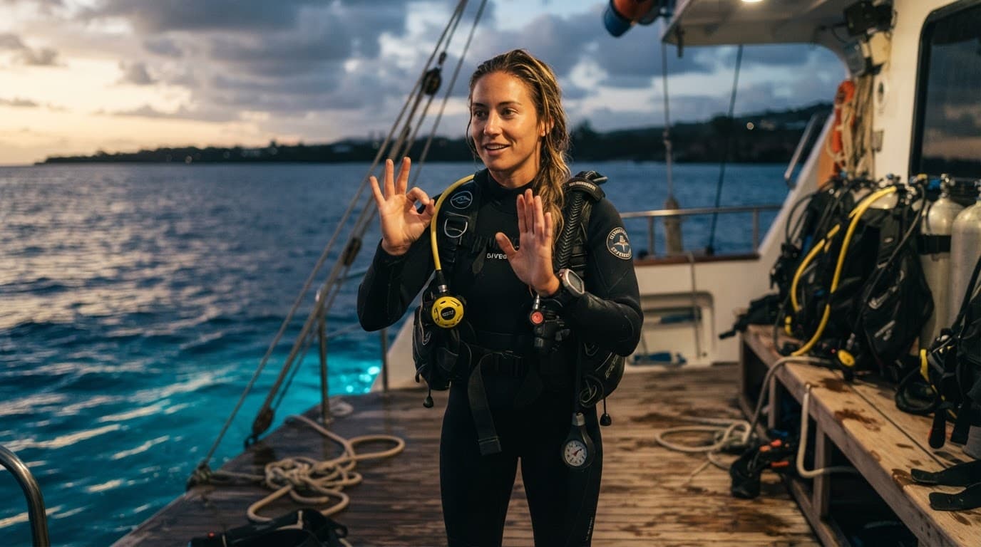 A dive guide in safety gear demonstrates hand signals on a boat deck at dusk.