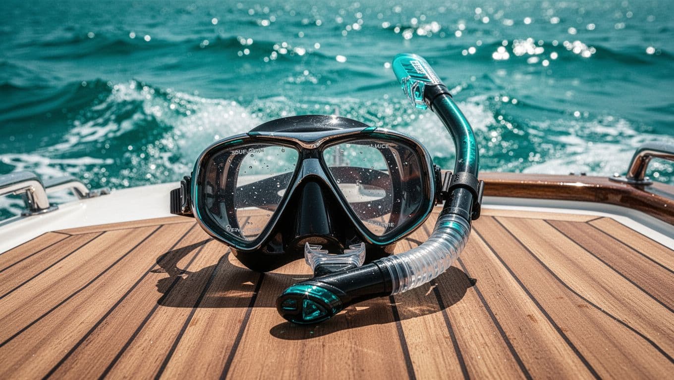 A dive mask and snorkel resting on a teak boat deck beside turquoise waves.