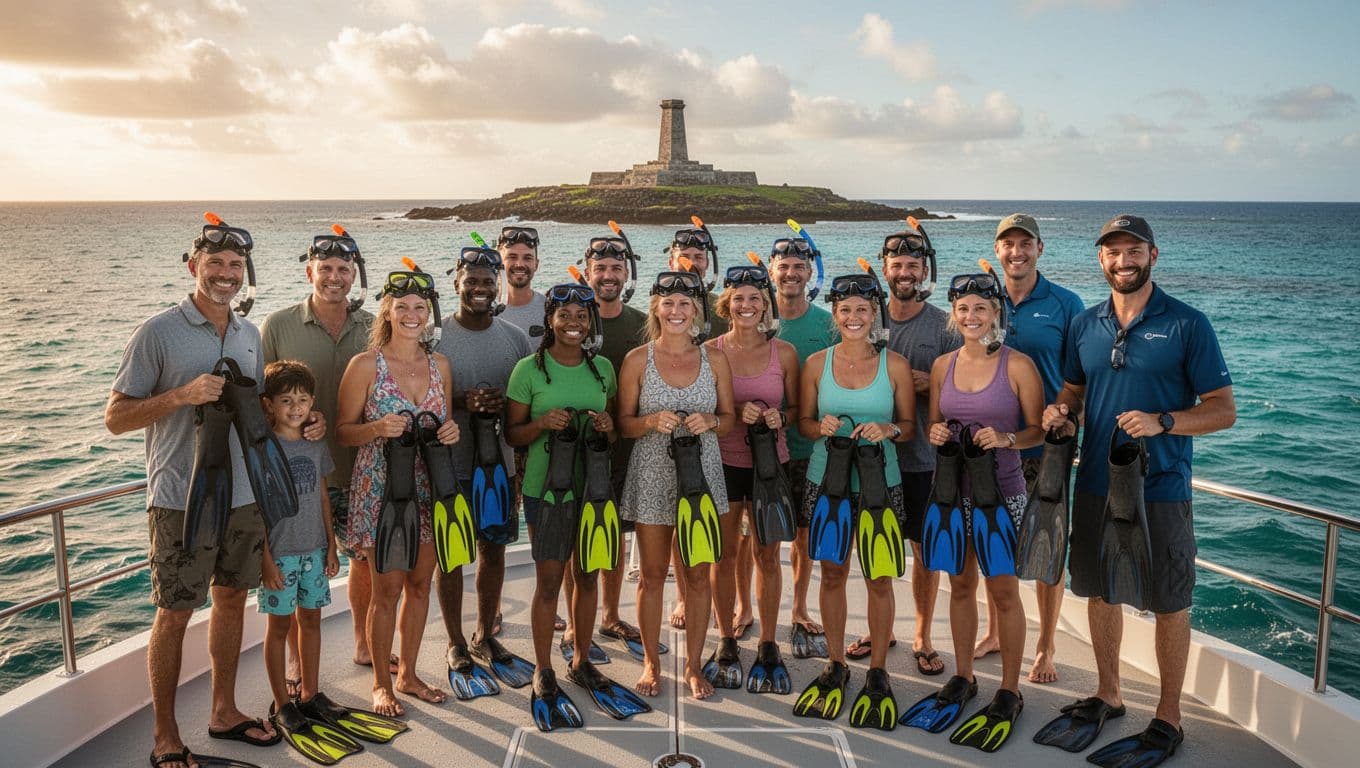 A diverse group of 10 snorkelers, including families and couples, excitedly gearing up with masks and fins on the boat deck at Kealakekua Bay, with a guide pointing to the monument against a dramatic ocean backdrop.