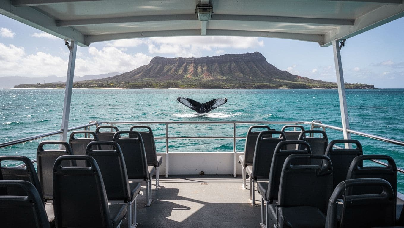 Upper deck of a double-decker tour boat with empty forward-facing seats offering clear ocean views of a distant humpback whale tail fluke off Oahu's coast, turquoise waters, and Diamond Head background from a seated perspective.