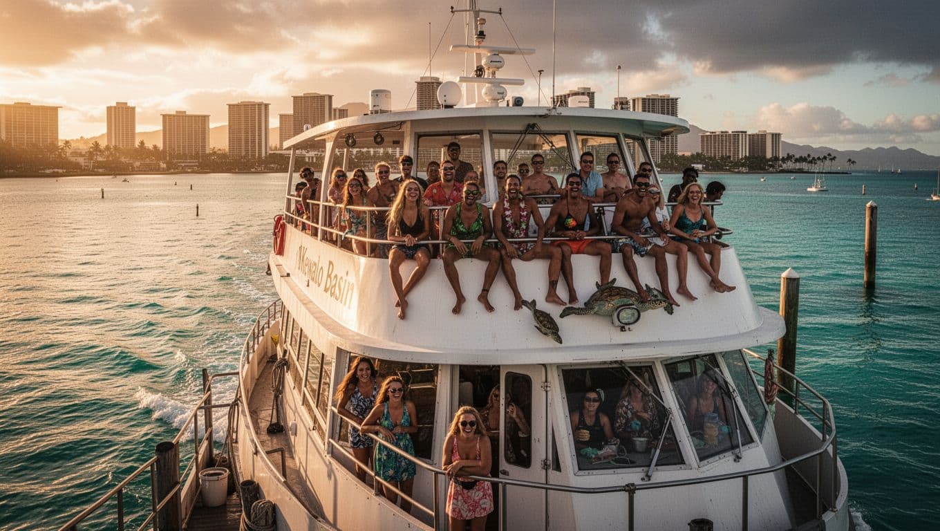 Double-decker boat departs Kewalo Basin Harbor toward Turtle Canyon at sunrise over calm turquoise ocean with Waikiki skyline behind and excited passengers on upper deck.