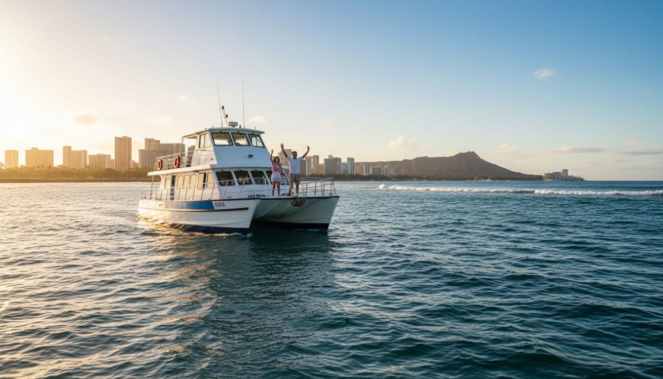 A double-decker boat leaves Kewalo Basin Harbor near Waikiki on a sunny morning, with gentle ocean waves, distant Waikiki skyline and Diamond Head, and excited passengers waving from the upper deck.
