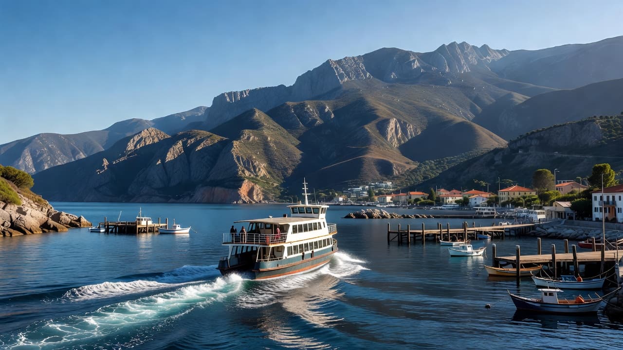 A medium-sized double-decker boat navigates away from a calm harbor. Rolling mountains rise against the clear blue sky, while sparkling sunlight highlights the vessel moving across the serene coastal waters.