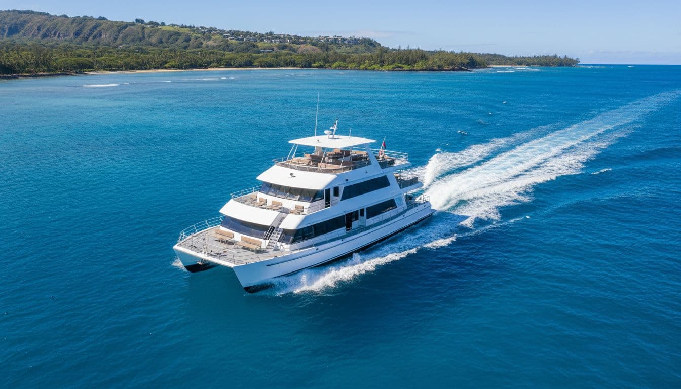 A modern double-decker boat sails across clear blue tropical waters off the coast of Oahu.