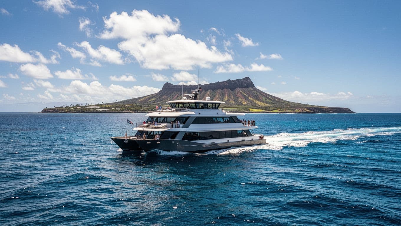 Modern double-decker boat cruises blue Hawaiian waters with Diamond Head in distance.