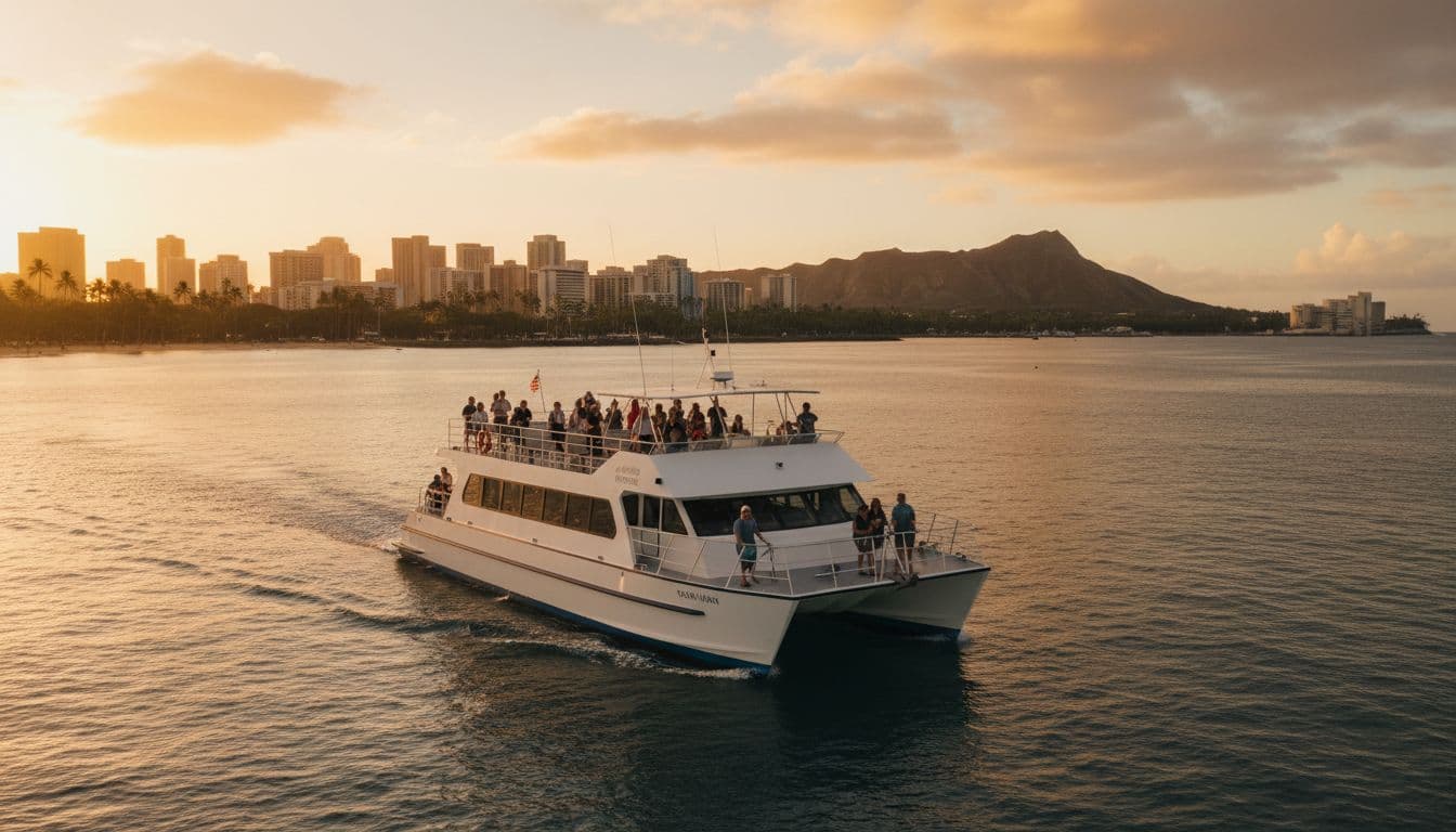 A double-decker boat departs from Kewalo Basin Boat Harbor in Honolulu, showcasing the Waikiki skyline in the background amid calm ocean waters and dramatic golden hour lighting, with passengers relaxing on the upper deck.